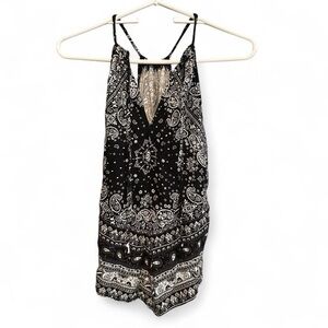 Black and White Paisley V-Neck Tie Up Shirt